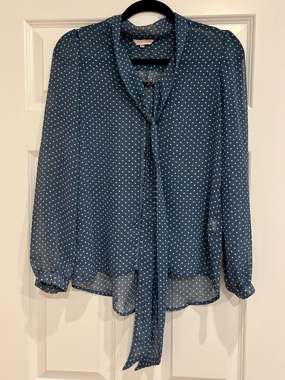 Blue Button Up Tie-Neck Blouse